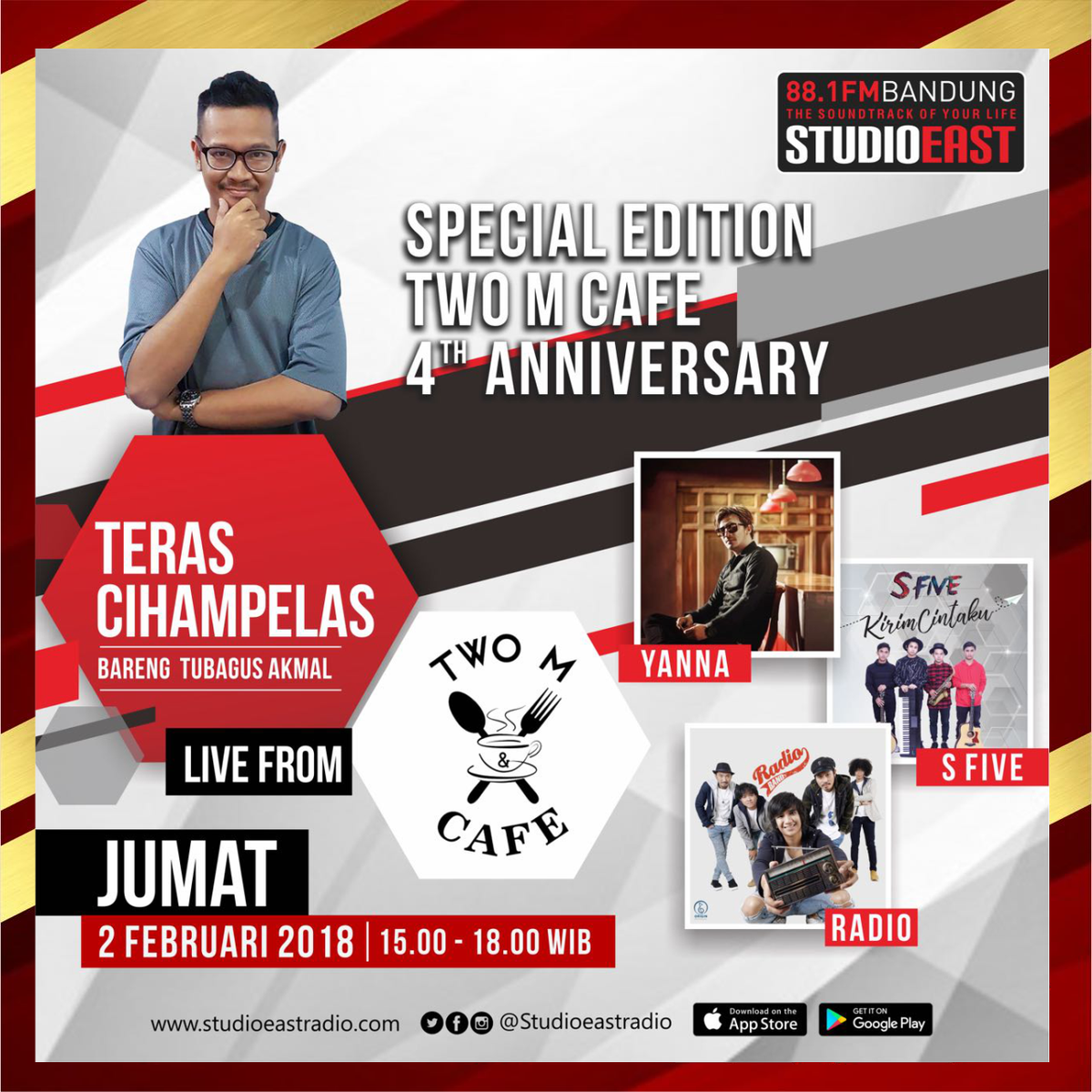 radioone881's tweet photo. #TERASCIHAMPEAS Special Edition 4TH TWO M CAFE Hari Jumat 02 Februari 2018 di @twomcafe Jl. Lembong No. 8 Braga Bandung Jam 15.00 - 18.00 Wib

Live Performance :
@yannahead 
@weares5 
@RADIOband_id 

#studioeastradio #881fm #thesoundtrackofyourlife #4thtwomcafe #anniversary https://t.co/n4QA6UUfQv