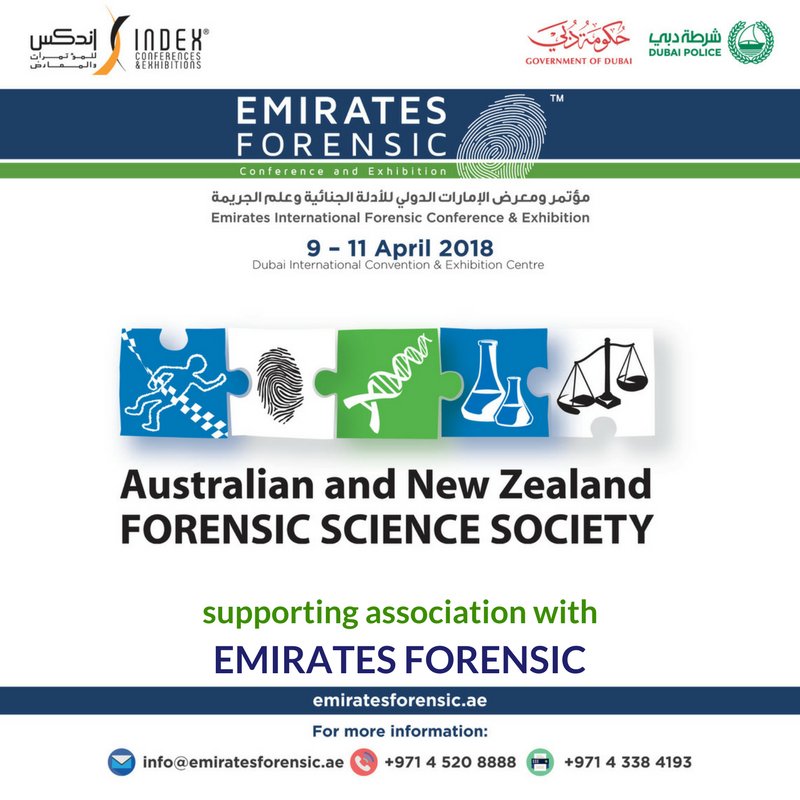 EmiratesIFCE's tweet photo. Emirates Forensic 2018 is pleased to announce ANZFSS as a Supporting Association.
#indexholding #indexconferencesandexhibitions #dubaipolicehq #ANZFSS2018 #forensics #Lab #odontology #cyberforensic #digitalscience #massdisaster #forensicengineering #forensicpsychology #forensic https://t.co/WfLPCHjx2F