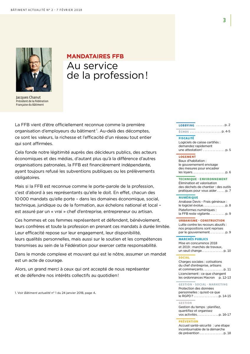 FFBatiment's tweet photo. Découvrez le dernier édito de #BâtimentActualité "Mandataires FFB : au service de la profession!" #LaPassionDeConstruire https://t.co/pIR3XtQixy