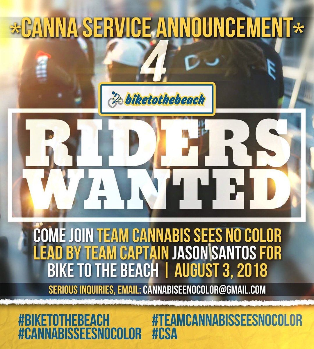 The 3rd Annual #CannabisSeesNoColor
#BikeToTheBeach for <a href="/autismspeaks/">autism speaks</a> is Aug.3 
We need 🚲's to rider 4 #TeamCannabisSeesNoColor 
W/ Team Captain &amp;
 Our Community Member. Jason Santos  #WeSupportOurOwn #Autism #AutismSpeaks 
Check the flyer email cannabisseenocolor@gmail.com