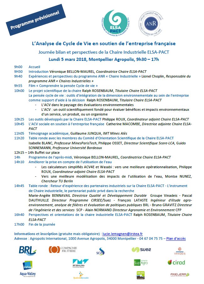 Chaire ElsaPact (@elsapact) on Twitter photo Découvrez le programme de la journée du 5 mars à <a href="/Montpellier/">Montpellier Weather</a> <a href="/Agropolis/">Agropolis International</a> sur le thème de l'#AnalyseduCycledeVie en soutien de l’entreprise Découvrez le programme de la journée du 5 mars à <a href="/Montpellier/">Montpellier Weather</a> <a href="/Agropolis/">Agropolis International</a> sur le thème de l'#AnalyseduCycledeVie en soutien de l’entreprise