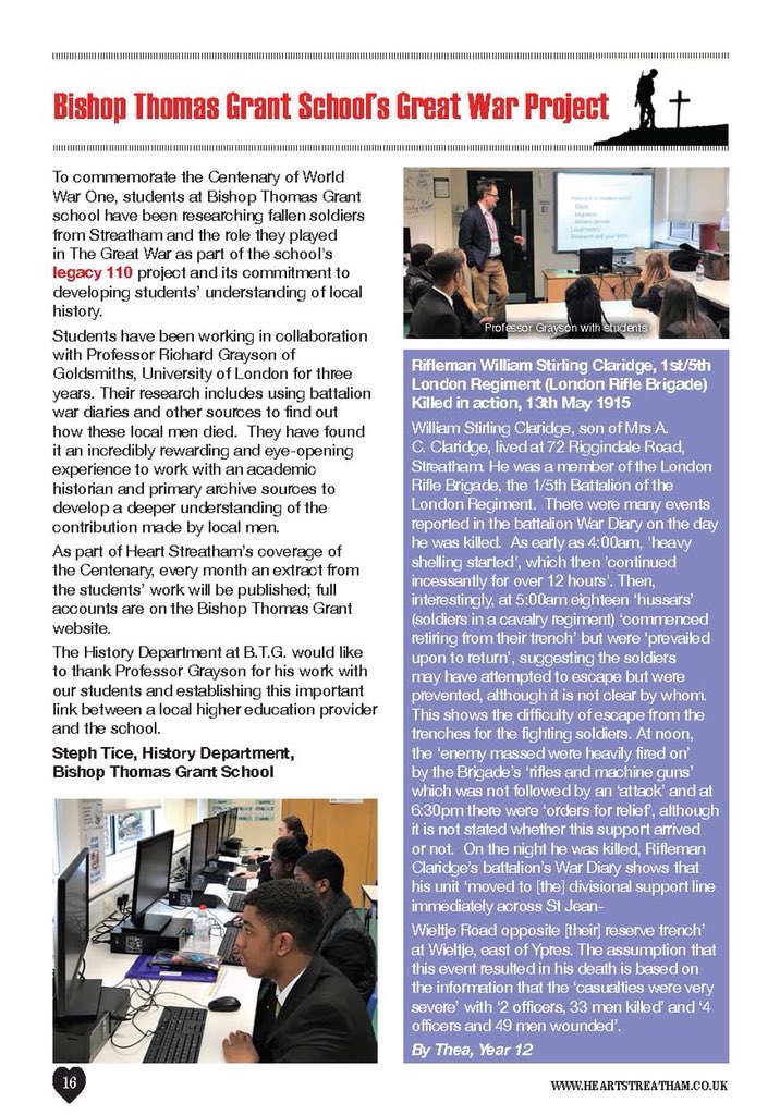 HistBTG's tweet photo. An exciting day!! @heartstreatham have featured our WW1 project in their latest magazine. Thanks again to @ProfRGrayson for all the support and guidance @WW1_Education @LivesOfWW1 https://t.co/tz0106M5Qd