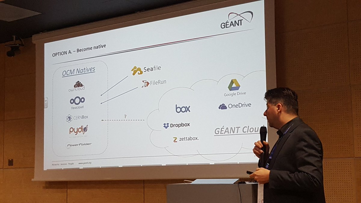 opencloudmesh's tweet photo. Peter Szegedi from @GEANTnews discussing the @opencloudmesh #ocm landscape featuring @ownClouders @Pydio @Nextclouders @PowerFolder @Seafile @onedrive @BoxHQ @Dropbox https://t.co/ltMyO7MOQA