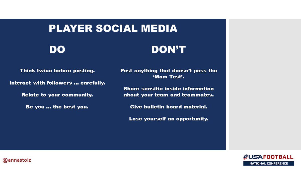 Student Athletes:

Be careful with social media!  Don’t post anything that doesn’t pass the ‘Mom Test’.

The internet is permanent.  Even if it’s deleted, someone will find it.  Don’t post something now that could cost you an opportunity later.
#usafootball18 <a href="/annastolz/">Anna Stolzenburg</a>
