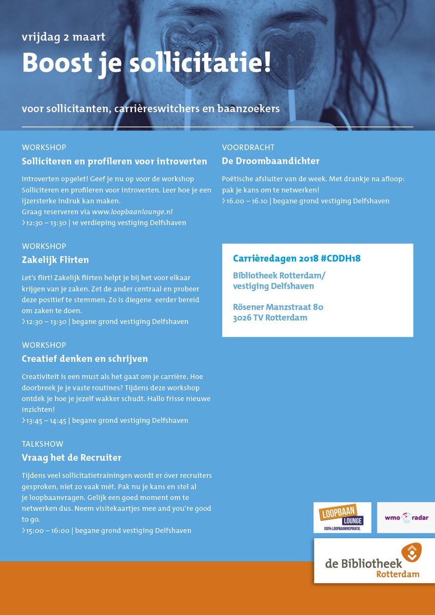 Te gekke workshops en trainingen voor scholieren, studenten, carrièreswitchers en baanzoekers tijdens Carrièredagen Delfshaven.

📆 28 februari - 2 maart
📍 Bibliotheek Delfshaven

ℹ Bekijk het programma op loopbaanlounge.nl/agenda en meld je gratis aan.

#CDDH18