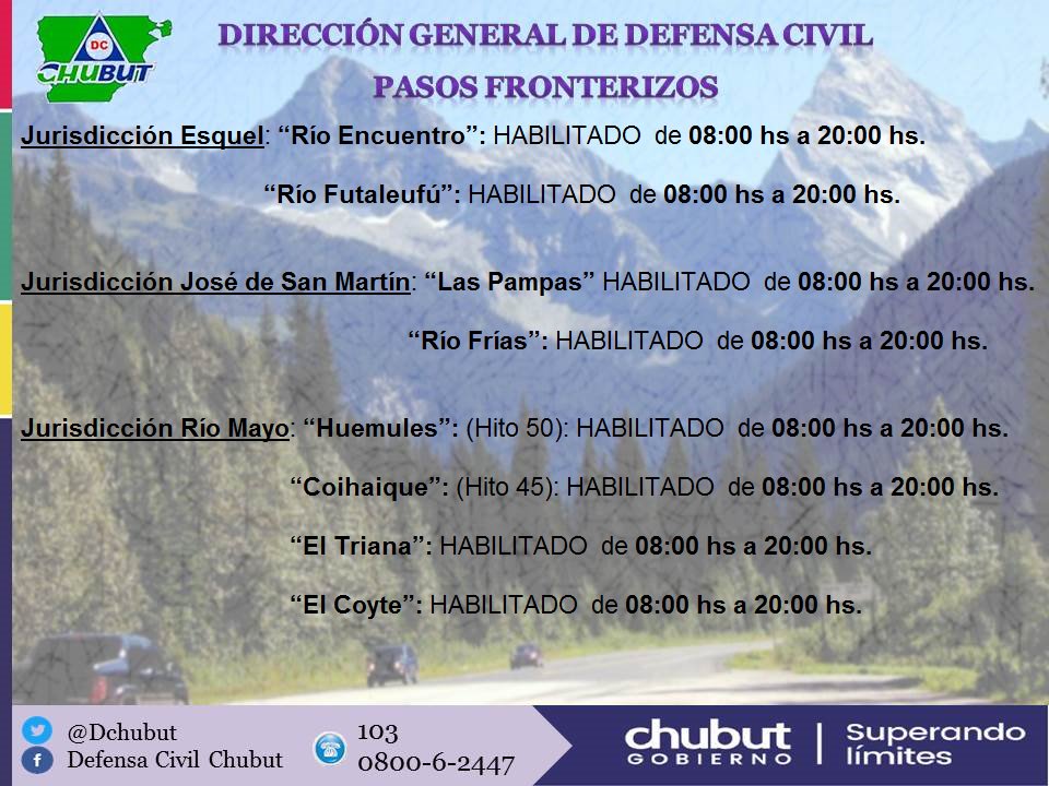 Estado de los #PasosFronterizos en #Chubut. Información brindada por Gendarmería Nacional Agrupación XIV Chubut <a href="/Mazaruca/">Walter Flores</a>
