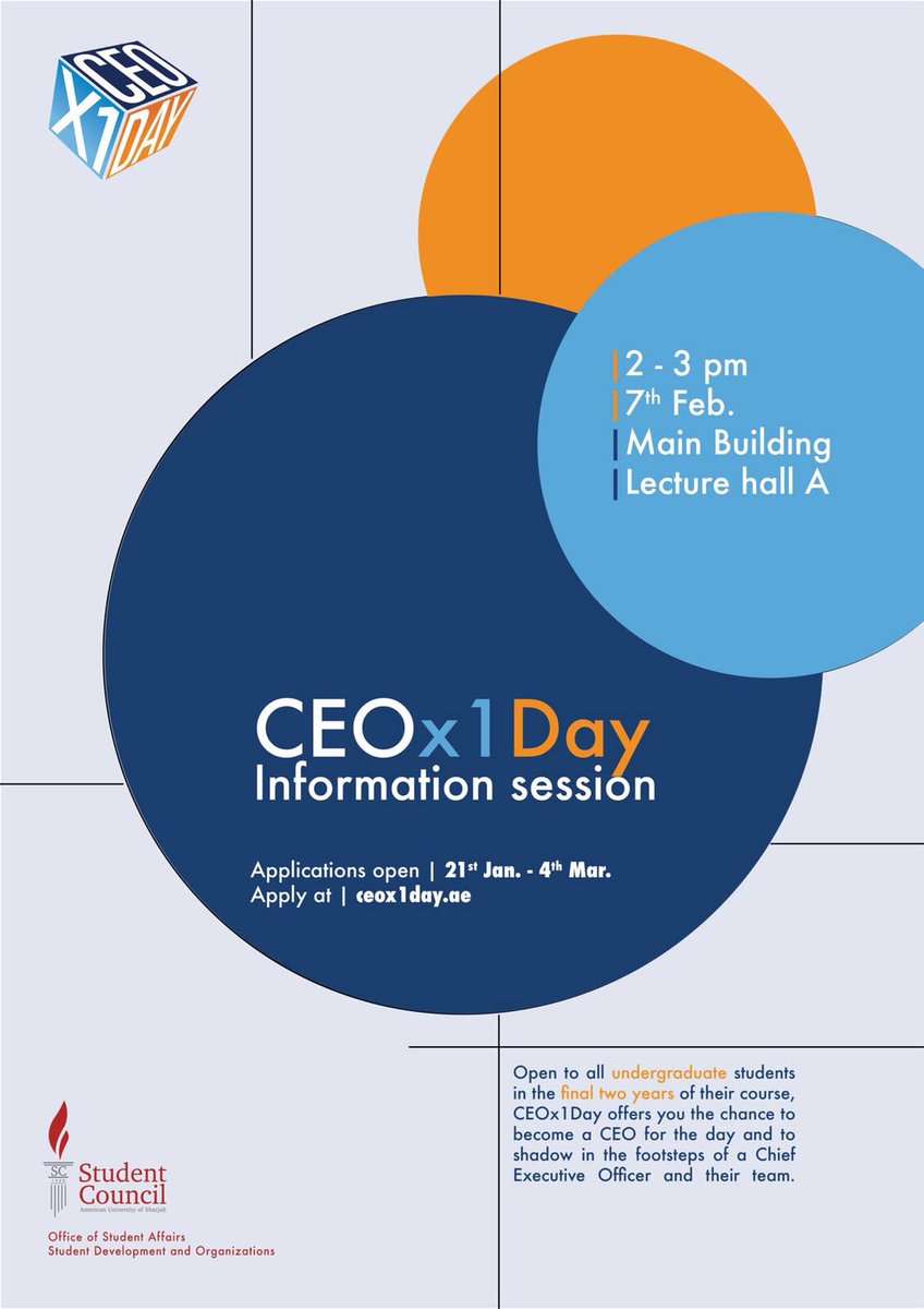 Attention soon-to-be graduates! Here’s an opportunity for you to learn from the best! #CEOx1Day offers you the chance to shadow a CEO for a day and to see the ins &amp; outs of the everyday labors of running a corporation. 
Information session:
Main Bldg
Lecture Hall A
7/2/2018
2-3pm