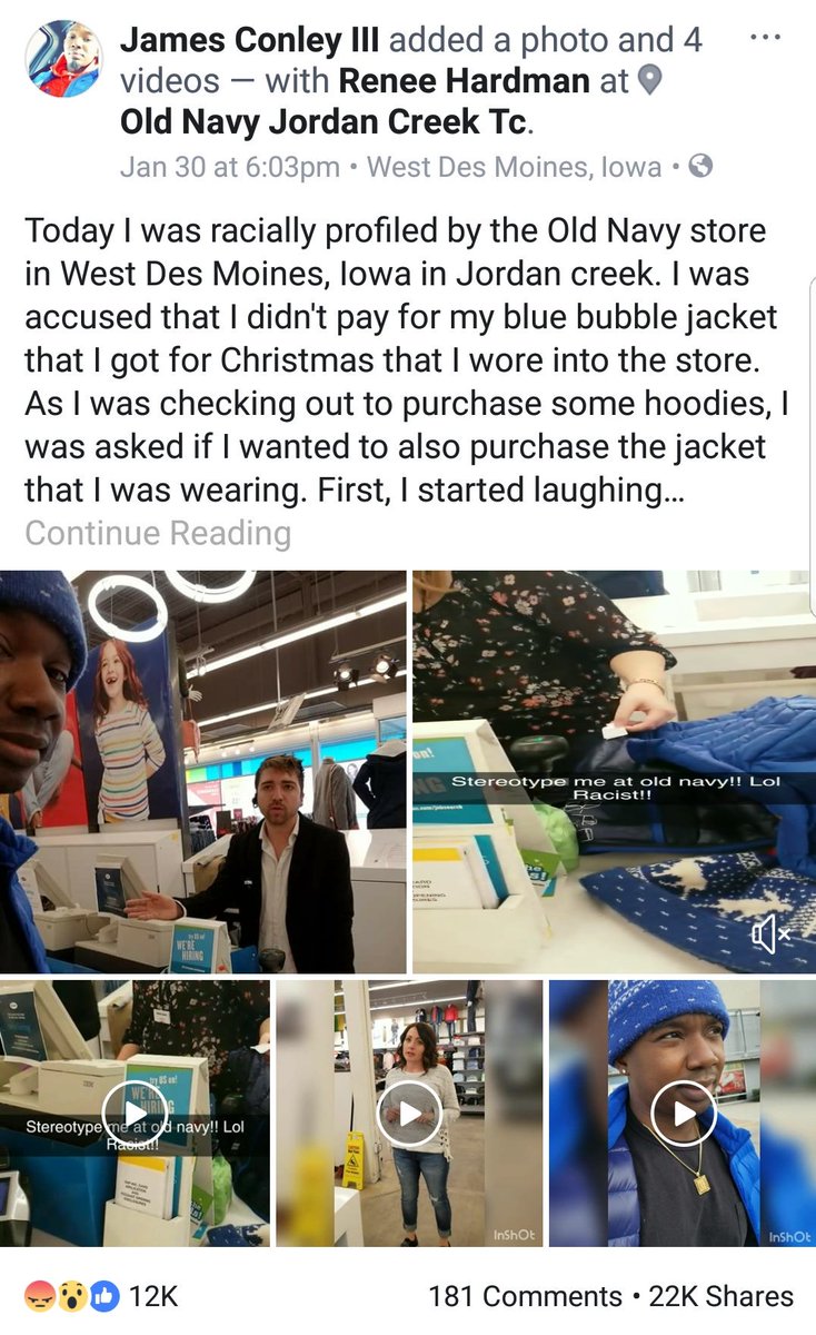 <a href="/OldNavy/">Old Navy</a> - Man! 22k shares on FB and counting! Racism will NO LONGER be tolerated and it would be in your best interest to fire all of the employees who participated in accusing your black customer of stealing his own jacket. New low, even for you! #racist #oldnavy