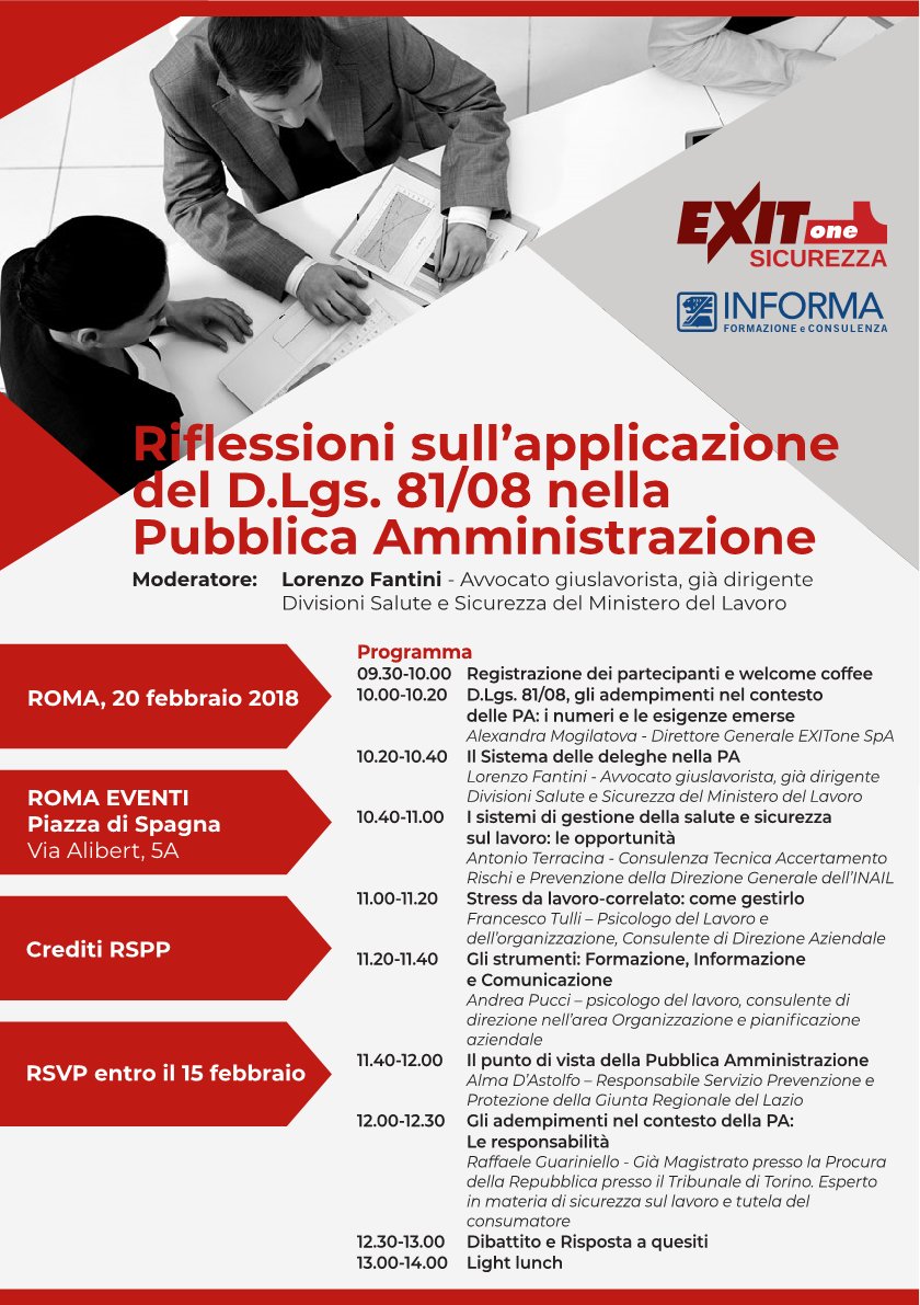 EXITone1's tweet photo. #20febbraio - Roma: Riflessioni sull’applicazione del #DLgs8108 nella #PA. Una mattina dedicata alla #sicurezza sul #lavoro in collaborazione con @istitutoinforma e l'intervento di @raffaeleguariniello #rspp https://t.co/DWlOPhyiPn https://t.co/OfMFmlFOe7