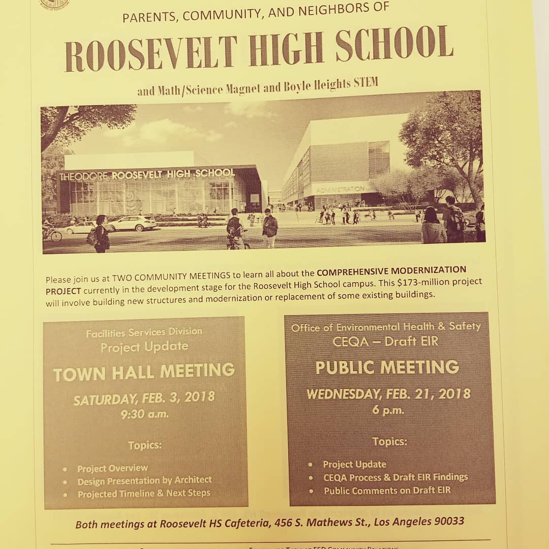LAPDHollenbeck's tweet photo. Boyle Heights community: Please join the amazing Roosevelt High School community meeting! They want to let you know what improvements they will be making! #engage #involveyourself #LAUSD #Ourfuture @LabradaAL Please share! https://t.co/7sTxDrY0gw