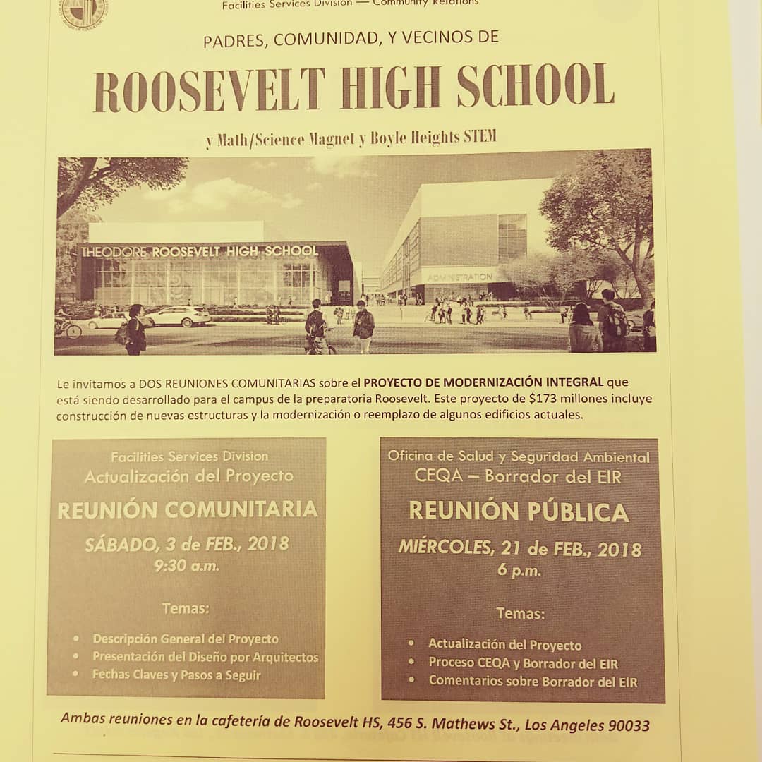 LAPDHollenbeck's tweet photo. Boyle Heights community: Please join the amazing Roosevelt High School community meeting! They want to let you know what improvements they will be making! #engage #involveyourself #LAUSD #Ourfuture @LabradaAL Please share! https://t.co/7sTxDrY0gw