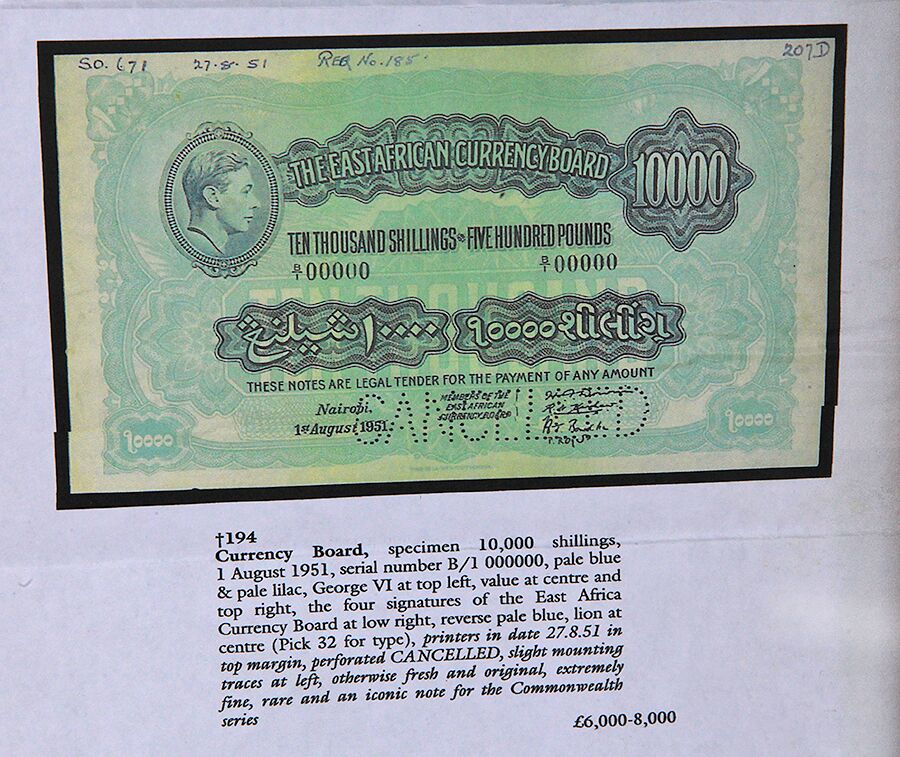 Dated August 1, 1951, this 10,000 shilling note, produced by the  East African Currency Board, is an extremely rare example of the currency notes of colonial East Africa. It forms part of our collection of personal objects on display <a href="/MuseumOfCroydon/">Museum of Croydon</a>
