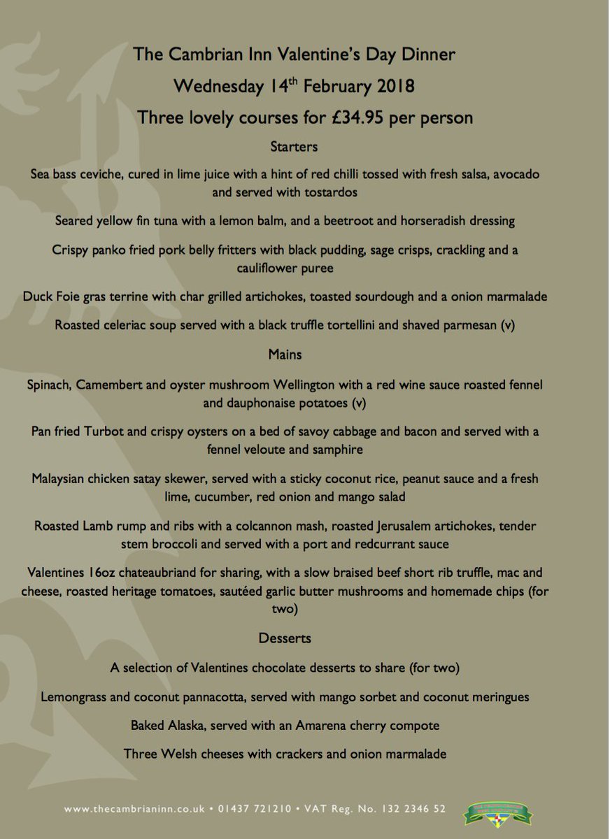 Where are you going to be two weeks from today?......come celebrate Valentines with your special one <a href="/TheCambrianInn1/">The Cambrian Inn</a> This lovely menu is available from 6 to 9pm, book on 01437721210