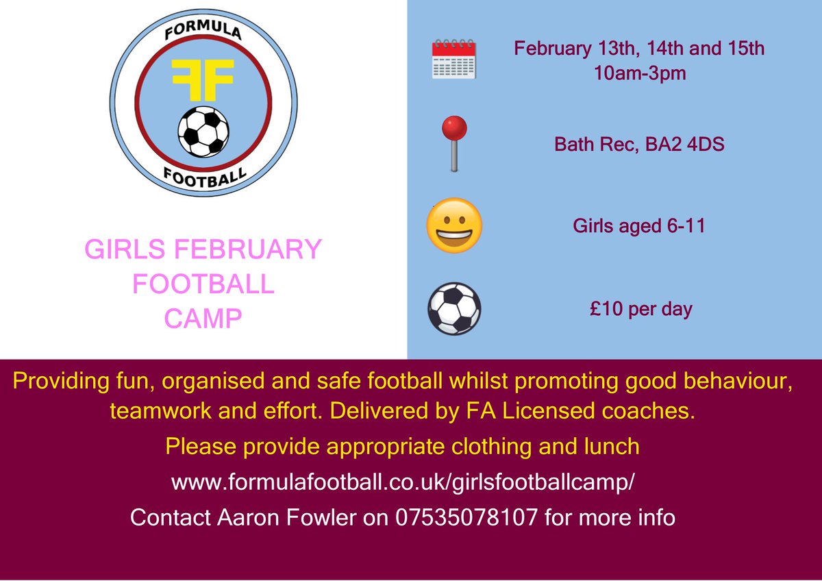 FormulaFooty16's tweet photo. Girls February Football Camp at @bath_rec - https://t.co/S1eUFt1cGh @bathmums @BathChron #thisgirlcan https://t.co/pSxXsmbqmt