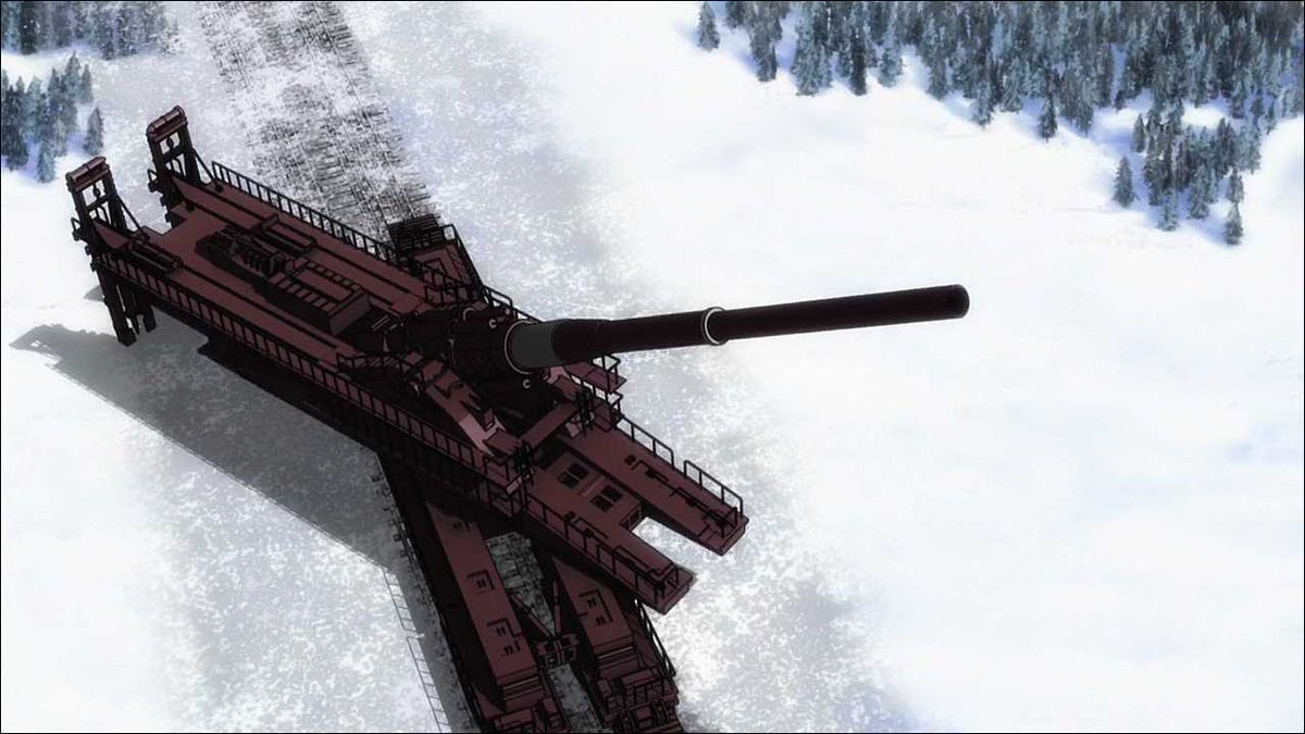 仮運用中 偏見で語る創作作品の兵器bot 超巨大列車砲 ブレイブウィッチーズ 要するに独軍の80cm列車砲 実物と違って旋回機構があるとか大胆だね さりげなく機関車無しで走行可能だったり 射撃機構に魔法が用いられてるので砲撃時には魔法陣が出る