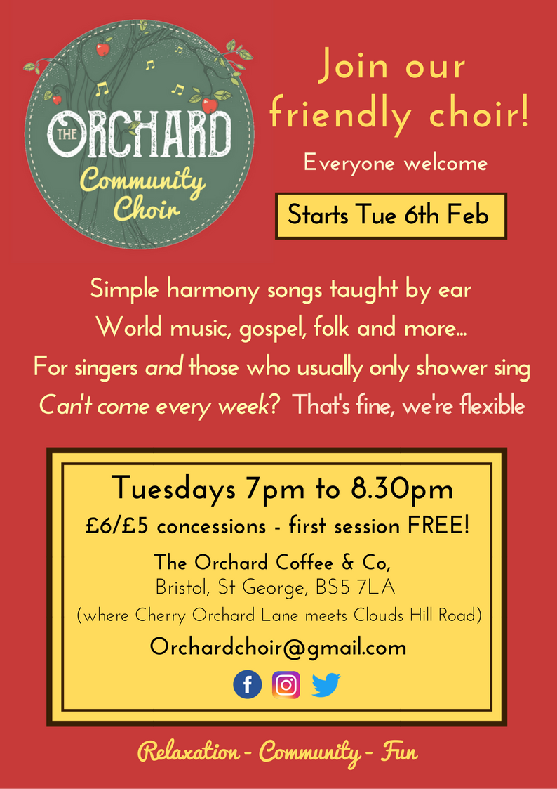 OrchardChoir's tweet photo. @inbristolstudio New, friendly #community #choir in #StGeorge starts this Tues 6 Feb - bringing folks together with #music! For singers &amp; 'non' singers - learn to sing a wide variety of songs in harmony &amp; to sing @ local events!

https://t.co/8mcYZkCQm7

#singing #bristol #bs5 https://t.co/ZoKhmvPqlx
