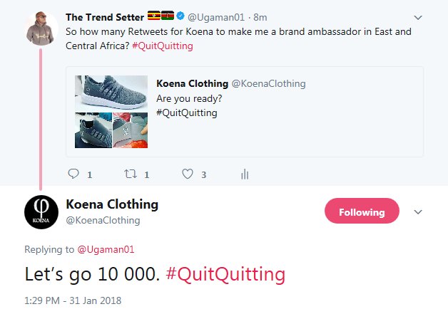 Ugaman01's tweet photo. Help me become @KoenaClothing Brand ambassador for Central and East Africa by Retweeting this tweet 10,000 times. Thank you for making my 2018 a better year in advance. #QuitQuitting https://t.co/nosMAwz5T1