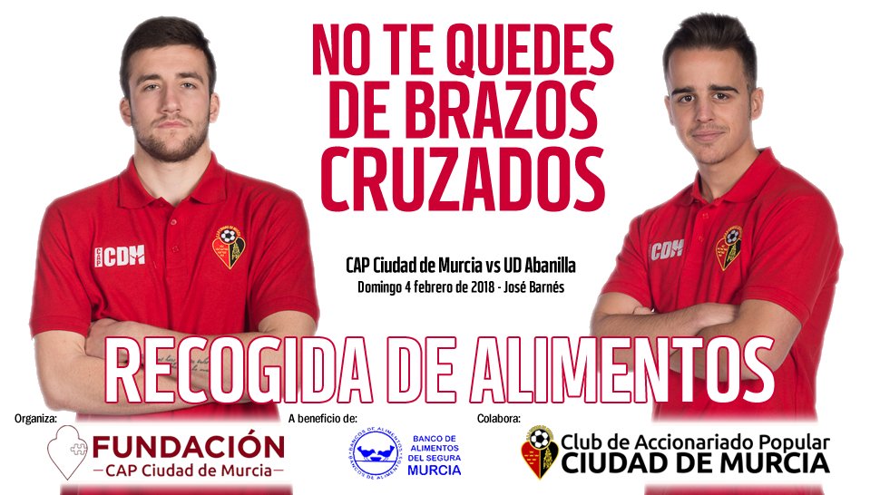 /FUNDACIÓN/

Fundación: “No te quedes de brazos cruzados”. Este domingo campaña de recogida a beneficio del Banco de Alimentos del Segura, Murcia.

Info: 👇
capciudaddemurcia.com/home/destacado…