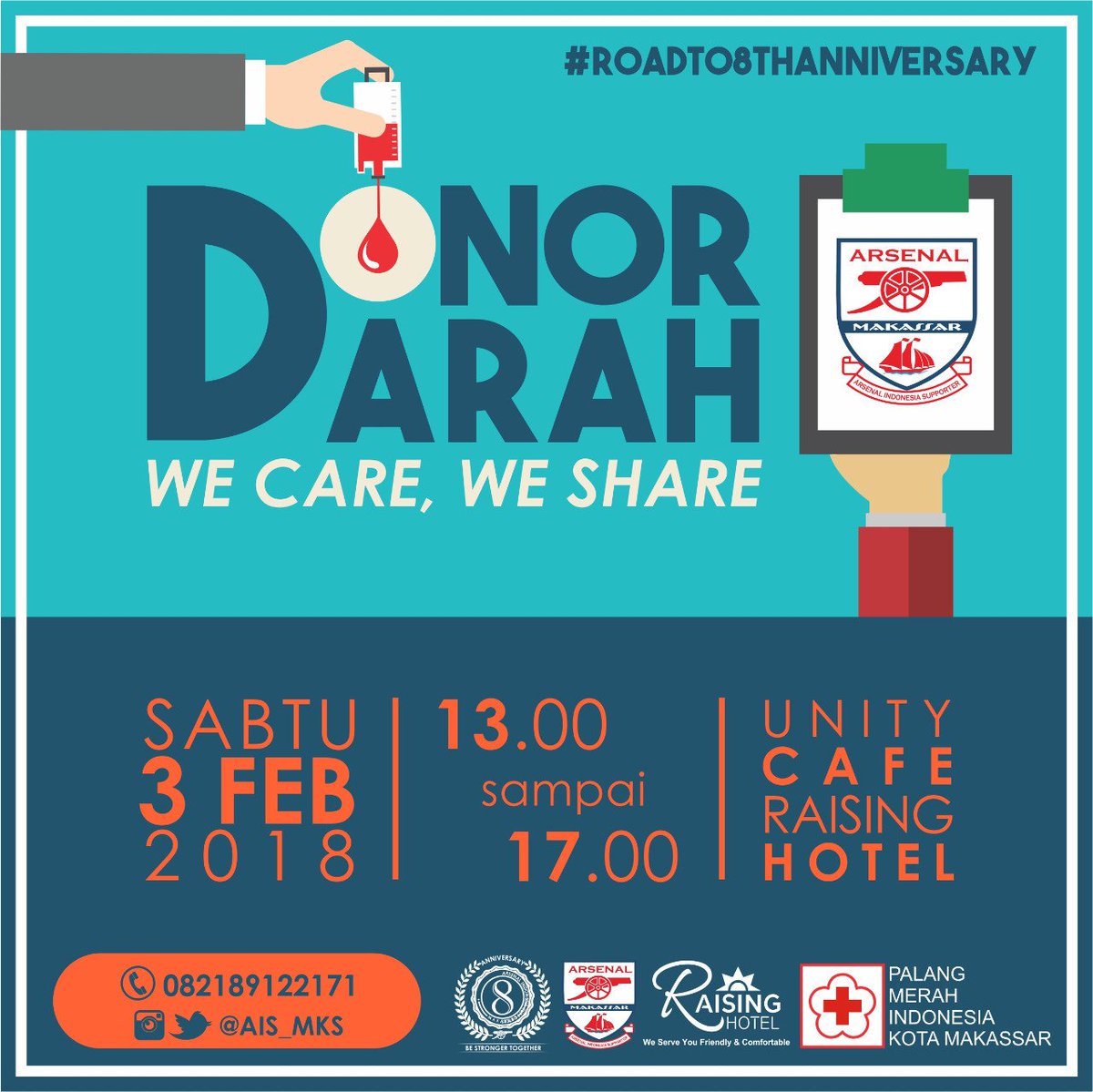 Halo cess
Kami akan mngadakan kegiatan sosial DONOR DARAH dlm rangka #RoadTo8ThAnniversary Ais Makassar yg diadakan pada :

Hari/Tanggal : Sabtu, 3 Februari 2018
Pukul : 13.00 - 17.00 Wita
Lokasi : Unity Cafe Raising Hotel

jgn sungkan ajak keluarga/teman untk ikut mendonor jg 😉