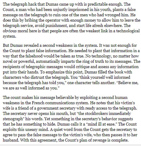 Count of Monte Cristo 1844 novel - bribed a Semaphore Telegraph operator and fed false insider information to a financial speculator