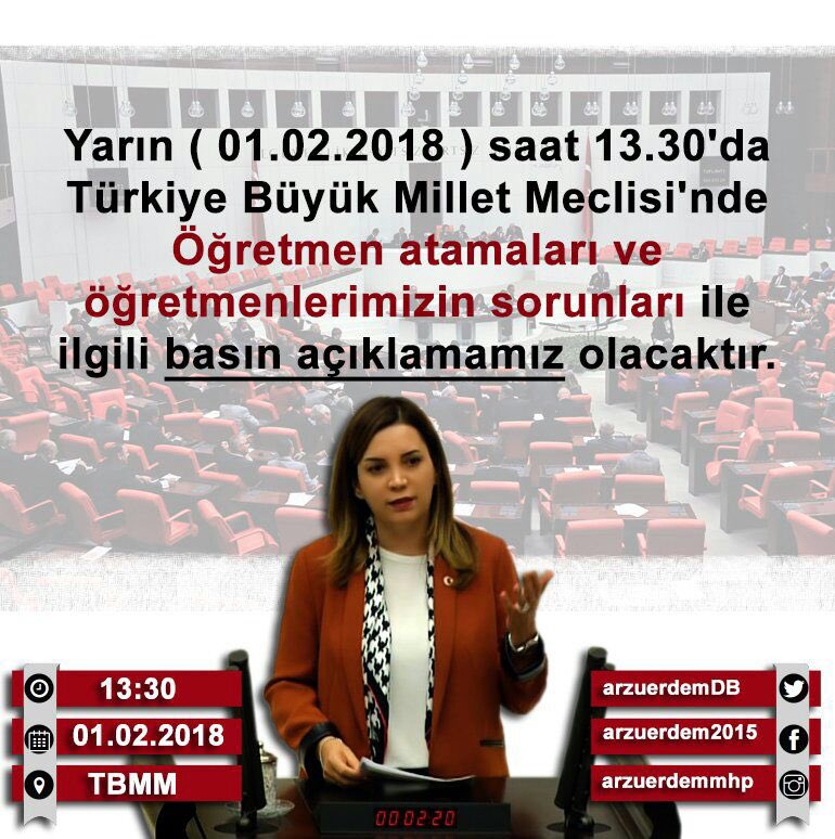 arzuerdemtc's tweet photo. Yarın ( 01.02.2018 ) saat 13.30'da TBMM'nde Öğretmen atamaları ve öğretmenlerimizin sorunları ile ilgili basın açıklamamız olacaktır.

#25bindeğil40bin
#SözleşmeliÖğretmenler
#TeknikÖğretmenler
#PictesOEğrtKadroya
#AtamaBekleyenÖğretmenler https://t.co/KmzQ6gALFE