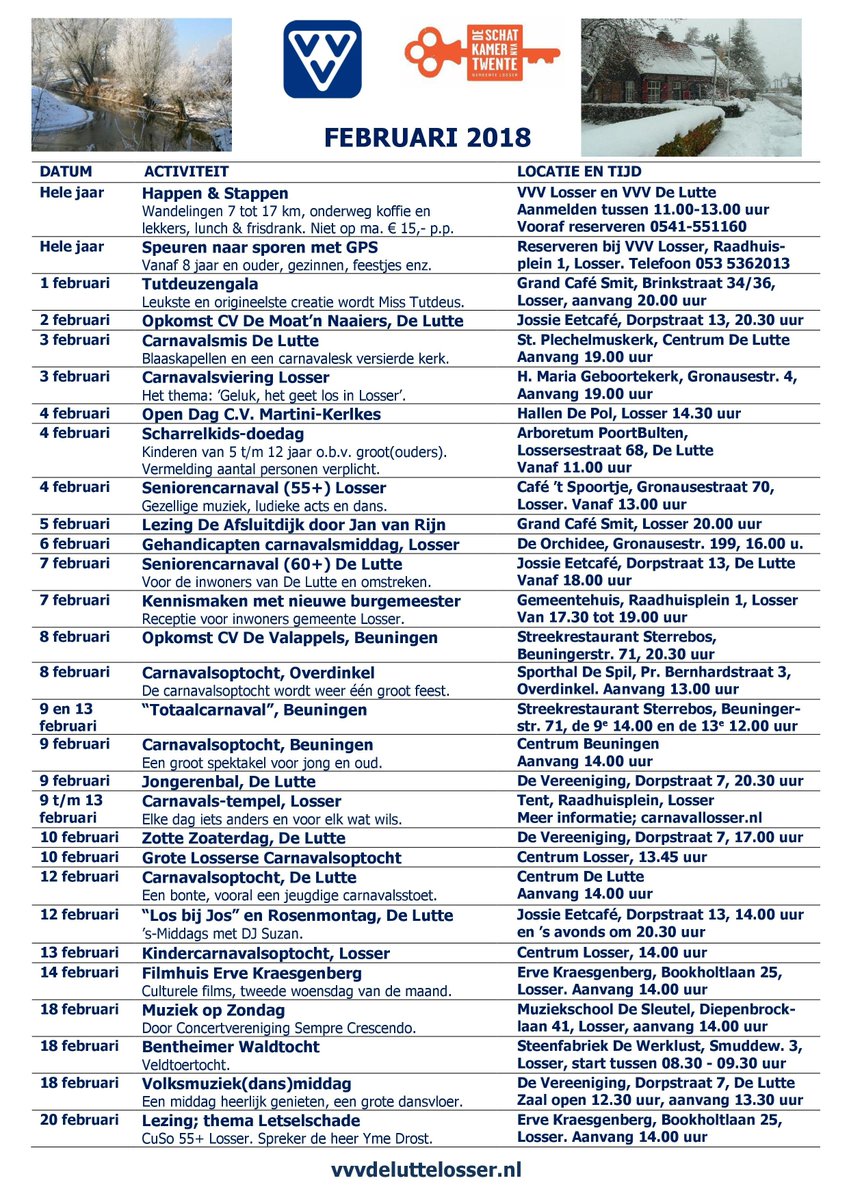 VVV maandagenda februari gemeente #Losser. Uiteraard boordevol met carnavalsactiviteiten maar ook Bentheimer Waldtocht, muziek, lezingen en kennismaking nieuwe burgemeester <a href="/GemeenteLosser/">Gemeente Losser</a>