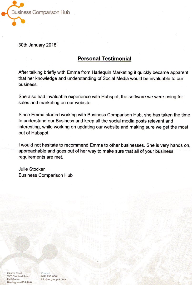 HarlequinSocial's tweet photo. Wow! What a wonderful testimonial from the team at @BusinessComHub It's a pleasure working with you guys and looking forward to what the future has in store! #marketing #hubspot #customerservice https://t.co/lOGJl7wSRF