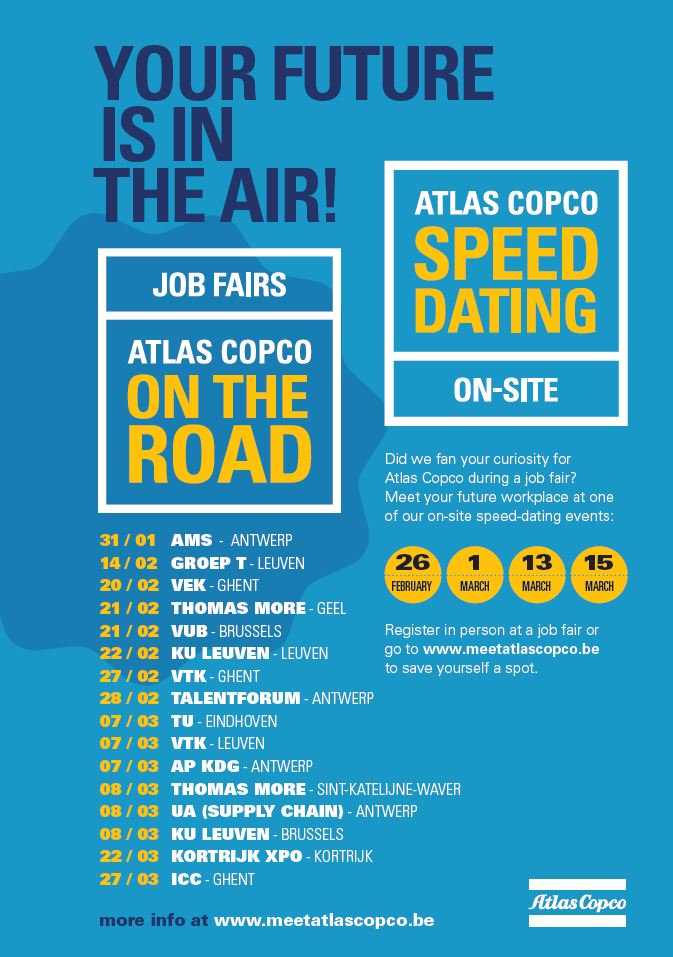 MeetAtlasCopco's tweet photo. Ontmoet Atlas Copco op een van de jobbeurzen en ontdek je carrièremogelijkheden. #bejobs #AtlasCopcoOnTheRoad https://t.co/4rXnwsFkiP