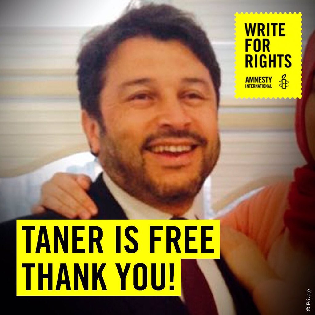 StefSimanowitz's tweet photo. "Today we take a brief moment to celebrate, but tomorrow we continue our struggle to have all charges dropped against #TanerKılıç, the Istanbul 10, &amp; all other innocent victims wrongfully caught up in #Turkey's vicious crackdown." @GaurivanGulik #FreeTaner #FreeRightsDefenders https://t.co/zfICXPbAar