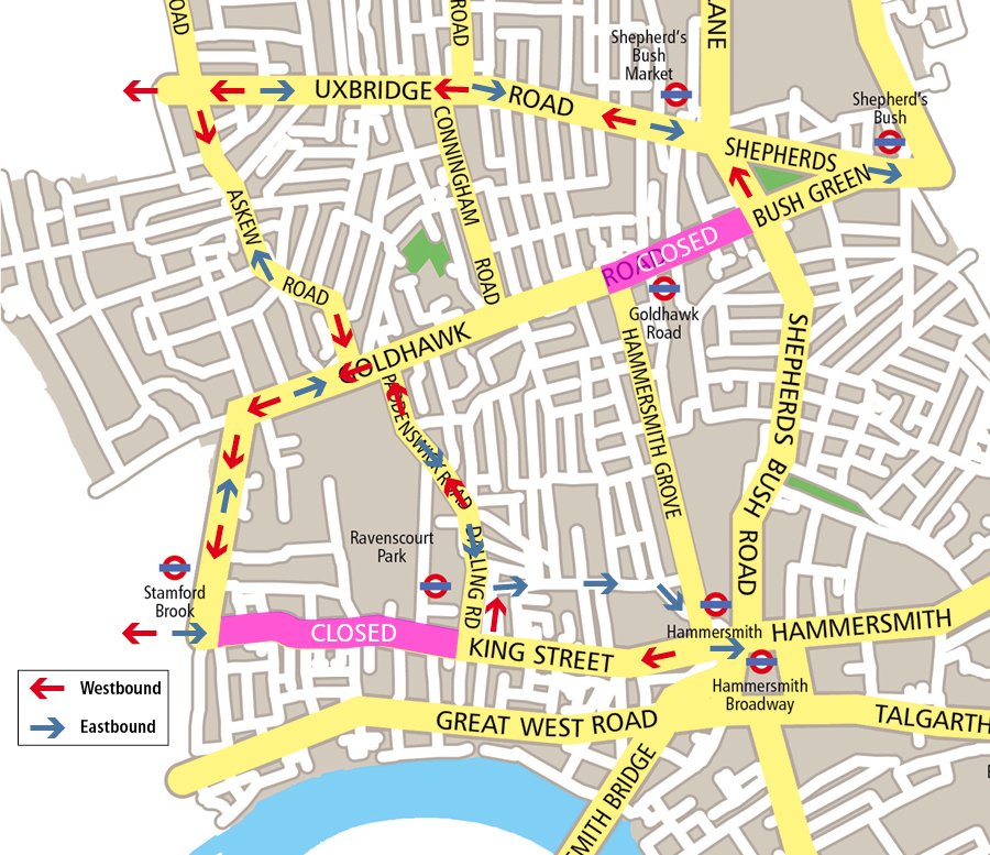 H&F Council (@lbhf) on Twitter photo Here's the latest H&F traffic diversions map following the <a href="/thameswater/">Thames Water 💧</a> burst water mains at King Street (Friday) and Shepherds Bush Green (today). Here's the latest H&F traffic diversions map following the <a href="/thameswater/">Thames Water 💧</a> burst water mains at King Street (Friday) and Shepherds Bush Green (today).
