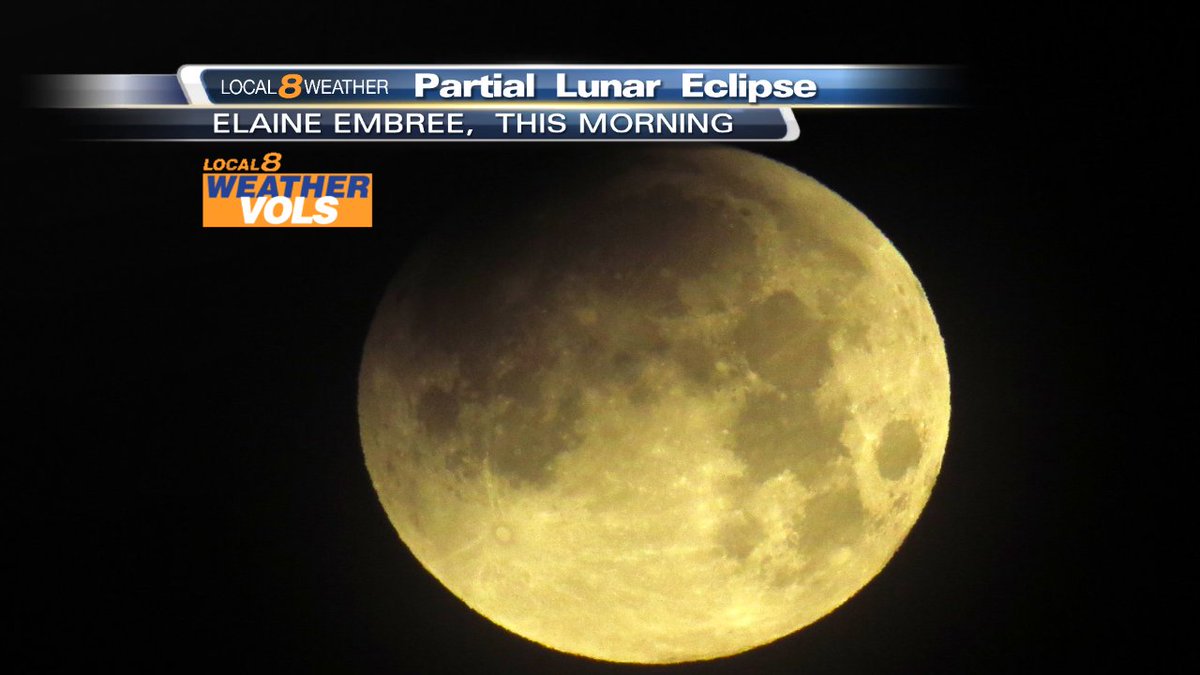 WVLTWeather's tweet photo. #ICYMI here's a great photo of a local view of the partial lunar eclipse from this morning!  Thanks to #Local8wxVol Elaine for sharing! https://t.co/bTvEzQ2UoH