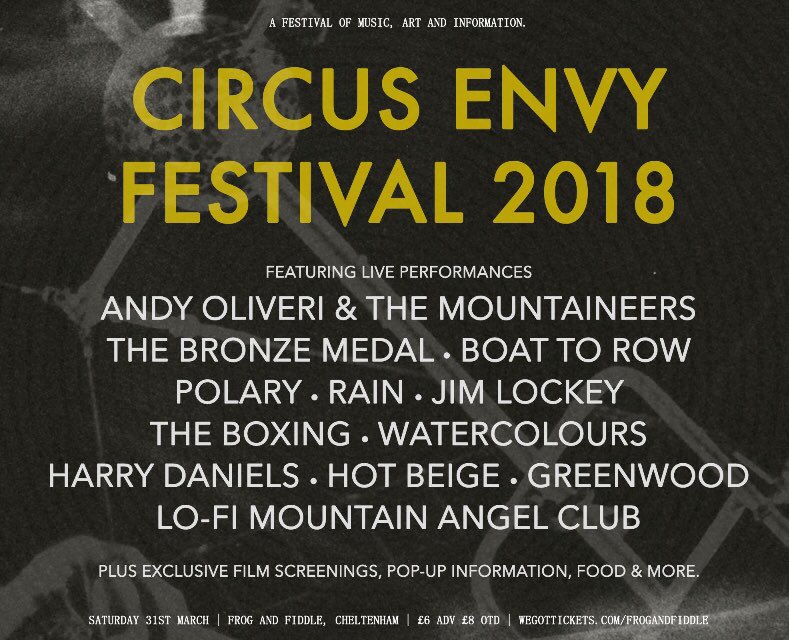 We're excited to announce we'll be performing at Circus Envy Festival on Saturday 31st March. 

A brand new one-day festival coming to Cheltenham with music across 2 stages, film screenings, pop-up information stands &amp; food.

Advance tickets only £6 - wegottickets.com/event/427544