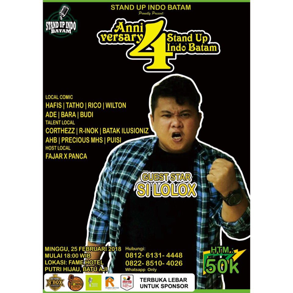 standupindo_btm's tweet photo. #4TahunSUIBatam | Bintang tamu @siLoLox | 7 komika lokal | Fame hotel | HTM 50 K | Minggu 25 feb 2018 | 18.00 wib - selesai | @StandUpIndo https://t.co/EdHD0p6OYo