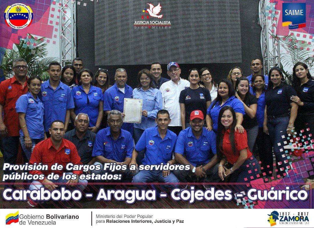CcsSaime's tweet photo. Gracias al Gobierno Revolucionario del pdte @NicolasMaduro Servidores Públicos del #Saime recibieron cargos de carrera en el 2017 https://t.co/jA79IADibW