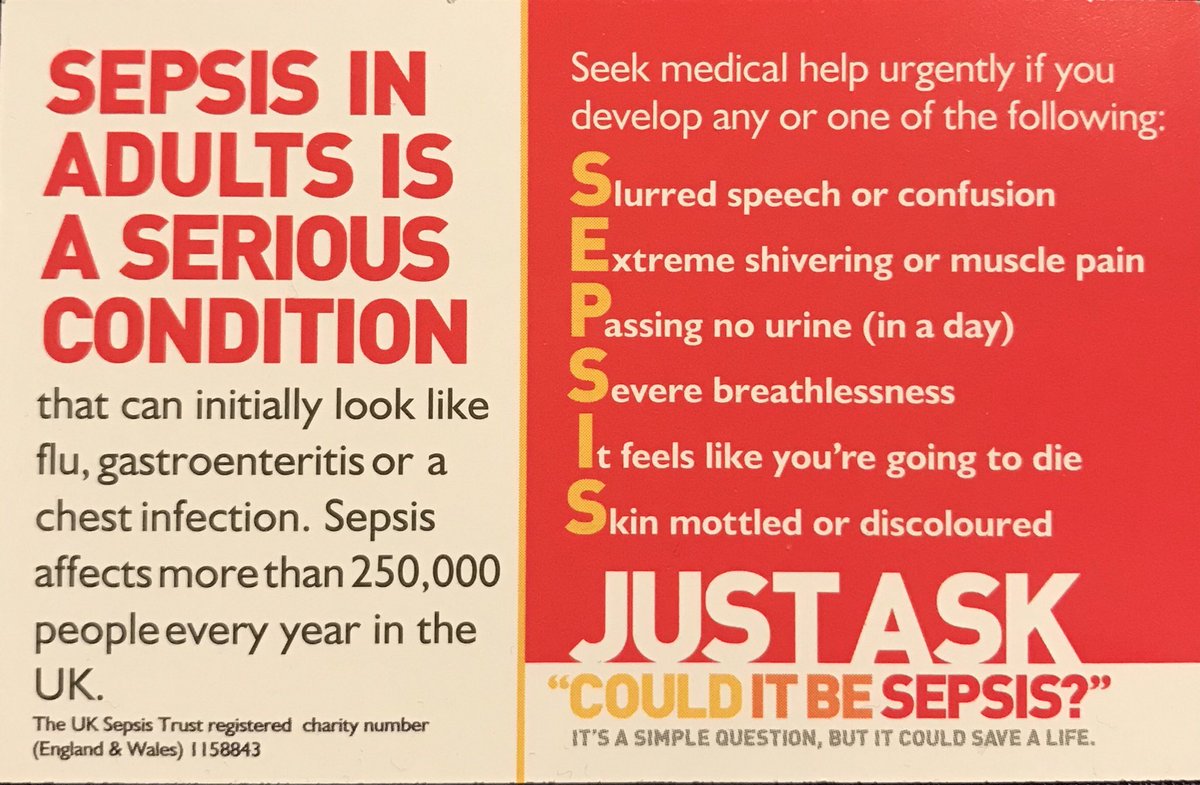 Mick Kay (@mickkay7) on Twitter photo SEPSIS in adults is real, it can disguise itself as flu, a chest infection or other common illnesses. Please ask yourself and loved ones “COULD IT BE SEPSIS”. If caught early the infection has more chance of being treated. DONT LEAVE IT TO CHANCE! #coulditbesepsis SEPSIS in adults is real, it can disguise itself as flu, a chest infection or other common illnesses. Please ask yourself and loved ones “COULD IT BE SEPSIS”. If caught early the infection has more chance of being treated. DONT LEAVE IT TO CHANCE! #coulditbesepsis