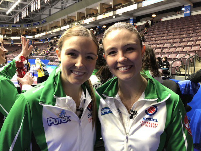 SISTER ACT: Saskatchewan's Krista and Kourtney (or is it Kourtney and Krista??) Fesser, another sister act teaming up on the ice at the #STOH2018 in Penticton #allinthefamily #curling #twins <a href="/CURLSASK/">CURLSASK</a>