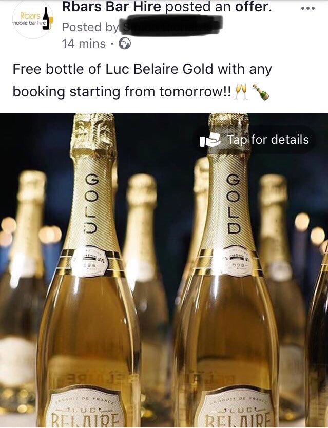 Rbars_'s tweet photo. Free bottle of Luc #Belaire #Gold with any booking starting from tomorrow!! Head over to @RbarsGlos facebook page for offer code! π₯πΎ
#offer #belaire #alcohol #mobilebar #rbars #southwest #gloucester #cheltenham #likeforlike #followforfollow #champagne #facebook https://t.co/AgdL6IdwvY