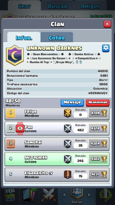 ⛔Se recluta gente para el clan⛔
⚠Clan activo⚠
⚠Competitivo⚠
⚠Cofre 10/10⚠
⚠Gente seria y fiel⚠
⚠Grupo wsp⚠
⚠Rumbo al 🔝⚠

🏁Se agradece rt 🏁