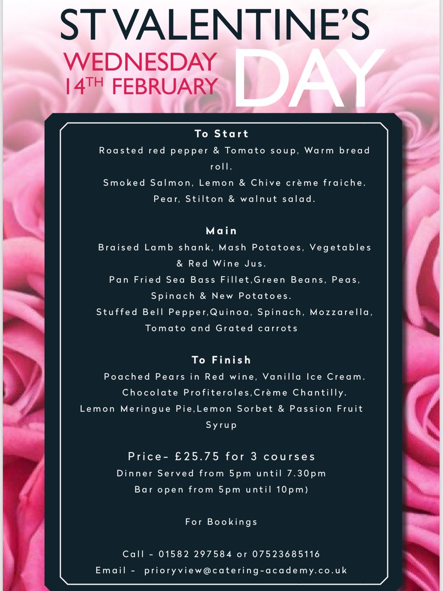 Priory_View's tweet photo. Our Valentines Day Menu has now been released! Join us for a delicious array of food in a stunningly romantic setting! #valentines #dunstable #dinner https://t.co/cApR4APdkq