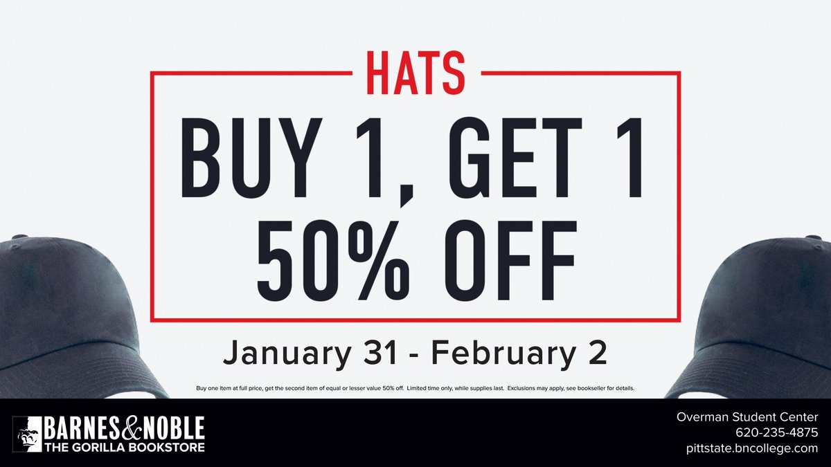 BOGO 1/2 off #HATS at <a href="/PittStateBooks/">Pittsburg State Bookstore</a> !

Overman Student Center 

<a href="/pittstate/">Pittsburg State</a> @pittstatebranding <a href="/PittStateAlumni/">Pitt State Alumni🦍</a>