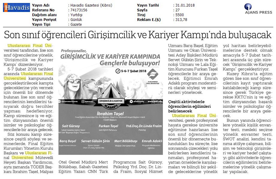 EMRAHADAKLI's tweet photo. Basında @FinalUniversity Girişimcilik ve Kariyer Kampı
5-6-7 Şubat 2017 
@IbrahimTaselFDD @Basariya_Dogru @finalegitim @RehberimFinal @servetgulsun @ogrencikariyeri @linda_fraim @furkantasel @HurriyetEgitim @EgitimveEgitim @cnnturkuni @Sabah https://t.co/Dj5Lw6OJaF