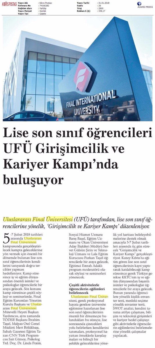 EMRAHADAKLI's tweet photo. Basında @FinalUniversity Girişimcilik ve Kariyer Kampı
5-6-7 Şubat 2017 
@IbrahimTaselFDD @Basariya_Dogru @finalegitim @RehberimFinal @servetgulsun @ogrencikariyeri @linda_fraim @furkantasel @HurriyetEgitim @EgitimveEgitim @cnnturkuni @Sabah https://t.co/Dj5Lw6OJaF