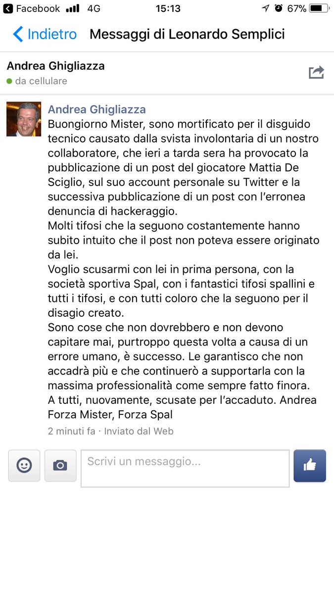 Leonardo Semplici Ricevo Dal Mio Social Media Manager Il Seguente Messaggio Di Scuse Vorrei Considerare Chiusa La Vicenda