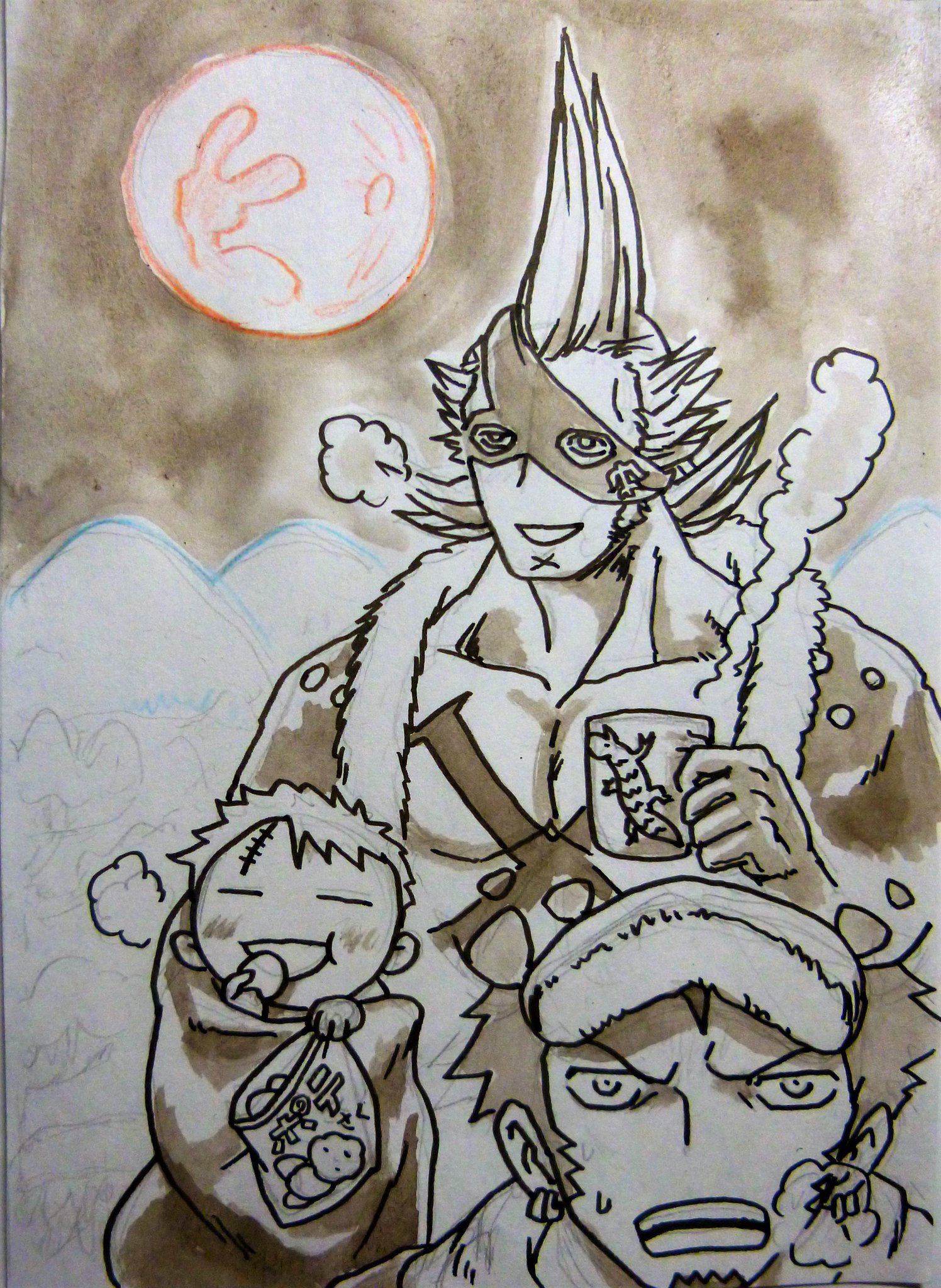 Uzivatel 衛典言 Na Twitteru スーパーブラッドブルームーン 皆既月食とスーパームーンとブルームーンの全部乗っけ的なレアな天体ショー 大急ぎでワンピースのｘ ドレークさんとベラミーさんとトラファルガー ローさん 北の海キャラ描いてみたｗ