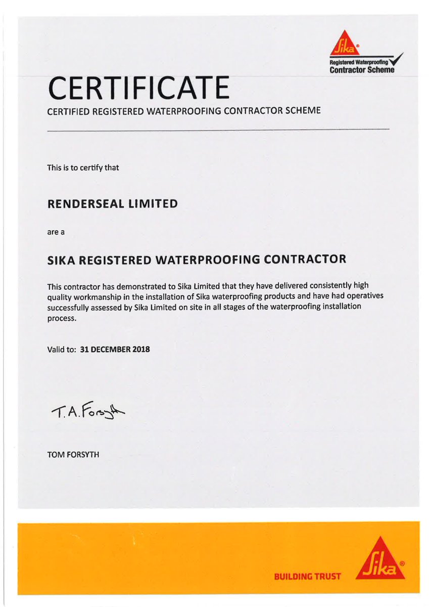renderseal's tweet image. We are proud to be a fully Sika Approved Contractor @SikaLimited #waterproofing #Renderseal #Sika