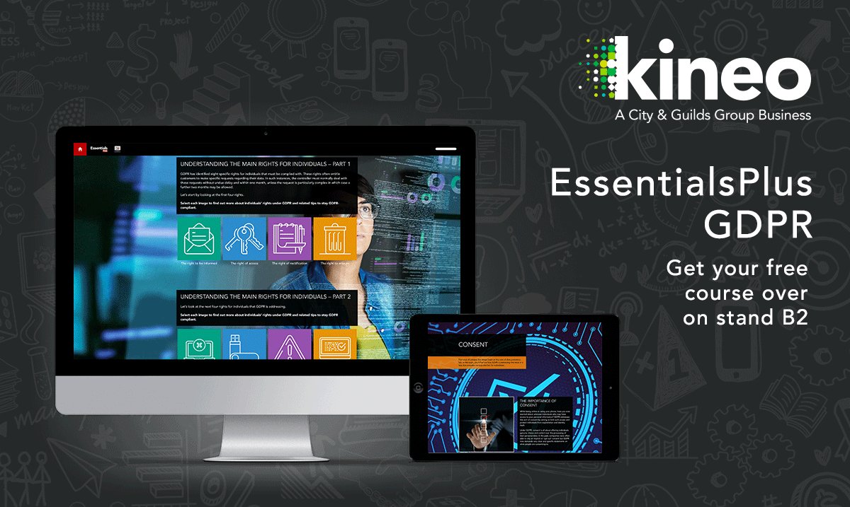 kineo's tweet photo. Calling all @LT18uk goers - beat that lunch time lull by popping over to stand B2 and checking out our new #GDPR course. We are offering it to event goers for a whole year free of charge 🕺💃 #essentialsplus https://t.co/7EH8ediAmO