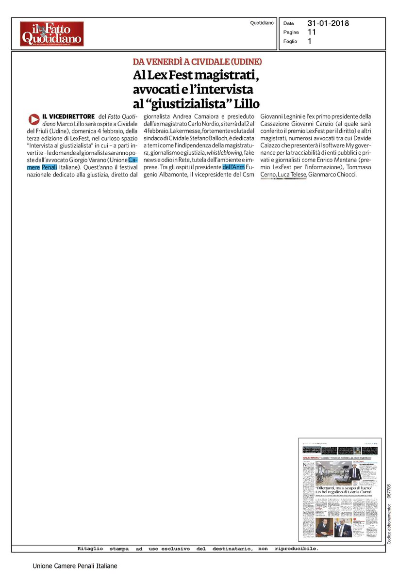 Al prossimo <a href="/lex_fest/">LexFest</a> organizzato da <a href="/AndreaCamaiora/">Andrea Camaiora</a> per un divertente dibattito a ruoli invertiti: "Intervista al giustizialista". Intervisterò io, da avvocato dell'Unione <a href="/CamerePenali/">Unione Camere Penali Italiane</a>, il giornalista <a href="/marcolillo/">Marco Lillo</a> de Il <a href="/fattoquotidiano/">Il Fatto Quotidiano</a> #LexFest #Cividale