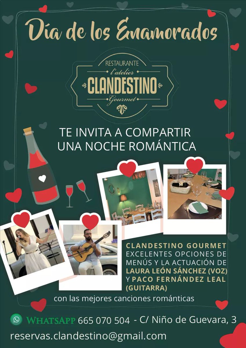 Ven a compartir la noche especial de #SanValentin en <a href="/NewClandestino/">Clandestino Gourmet</a>
Excelentes propuestas para la cena y #Musica #endirecto con las canciones #romanticas de toda la vida
*Reserva tu mesa ahora en elTel/Wasap 665 070 504
Colabora Eventos DZ3 Málaga / dz3.es