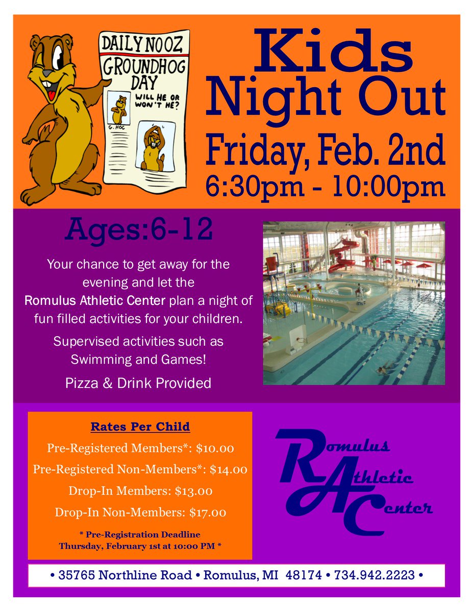 RomulusAC's tweet photo. This Friday - It's Kid's Night Out! - #GroundhogDay Edition.  
6:30p-10p, Ages 6-12p.  Register by Thursday at 10p to avoid drop-in prices.  #Romulus #FridayNightPlans https://t.co/SDMSirpXJy