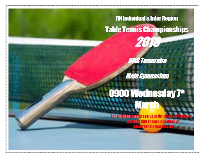 NAVYfit's tweet photo. The Royal Navy individual and Inter Region Champs happening March 7 at HMS Temeraire. For further information contact : daren14@hotmail.co.uk

#NAVYfit #tabletennis #interregion #champs https://t.co/BWzbvlgKJC